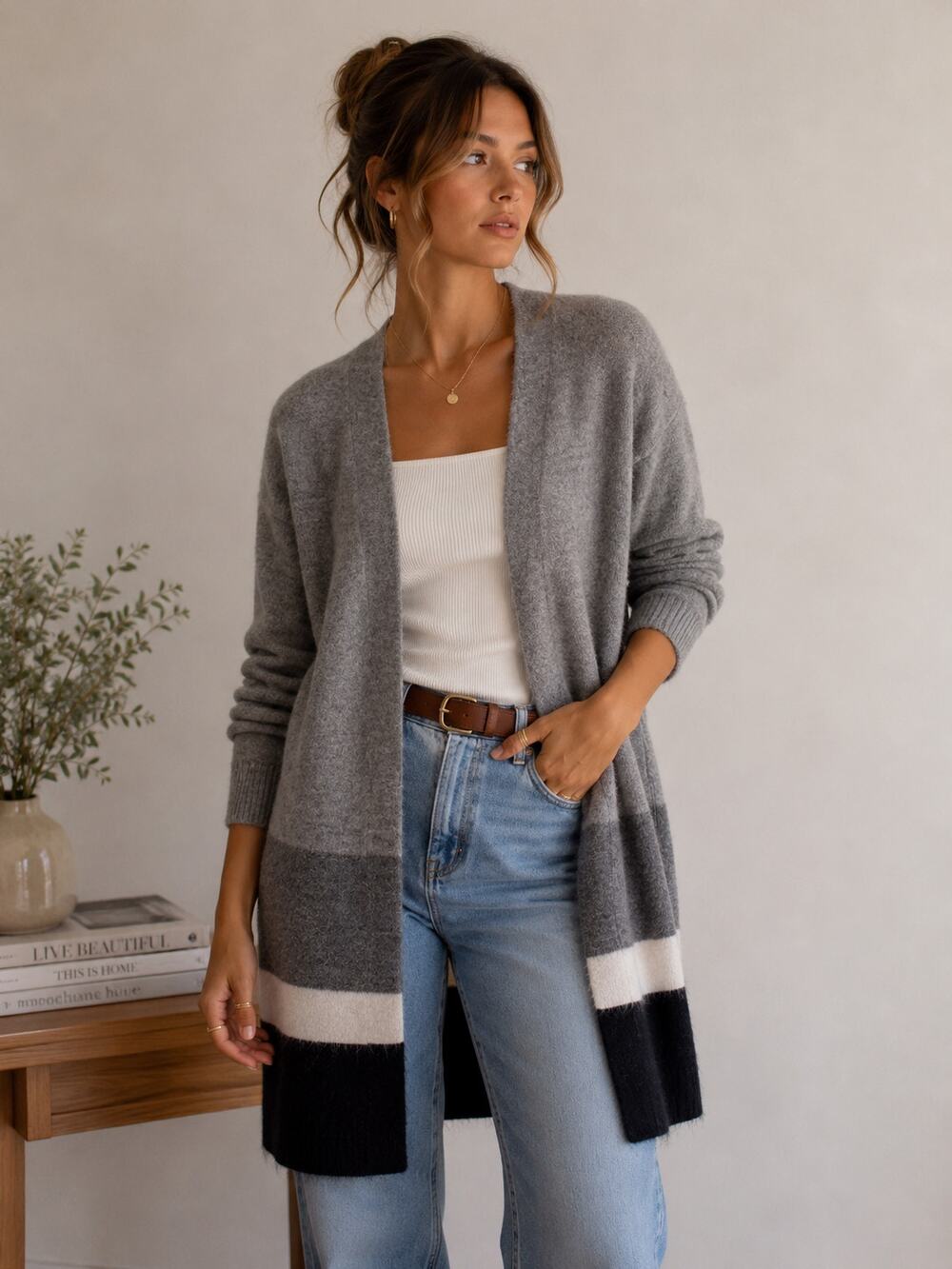 Sophie Rue Gray Color Block Open Front Fuzzy Cardigan Sweater Medium